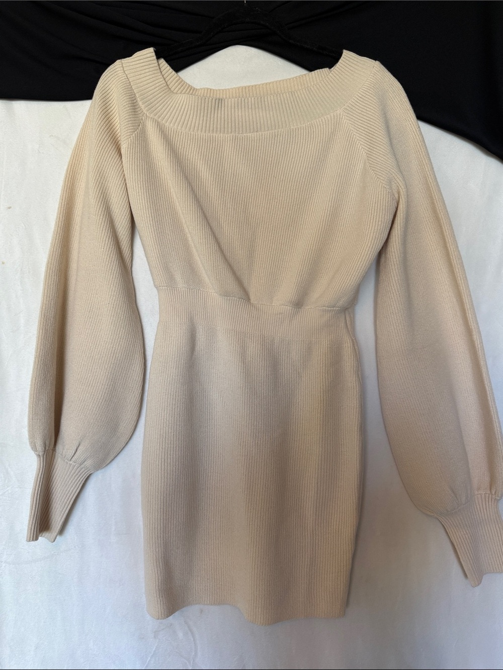 Cream Ribbed Long-Sleeve Knit Dress